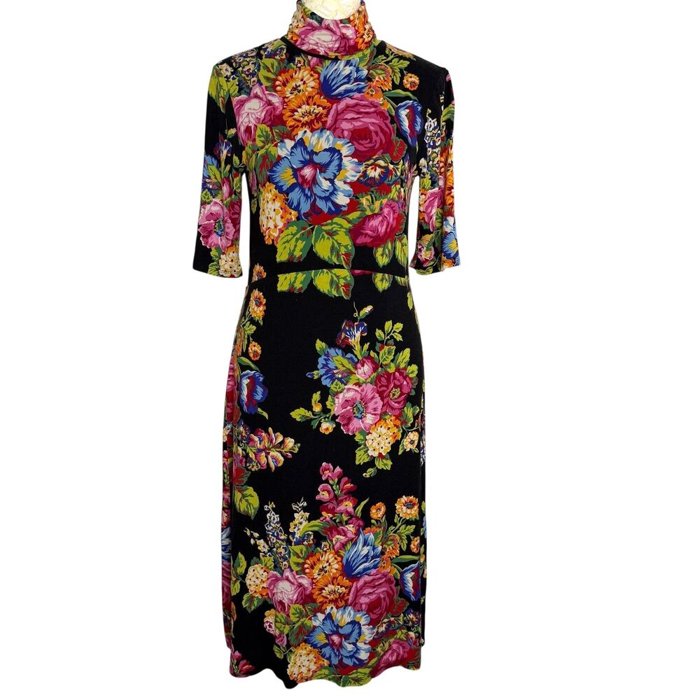 Ett:Twa By Anthropologie Coreyell Dress Knit Turtleneck Floral Black XS